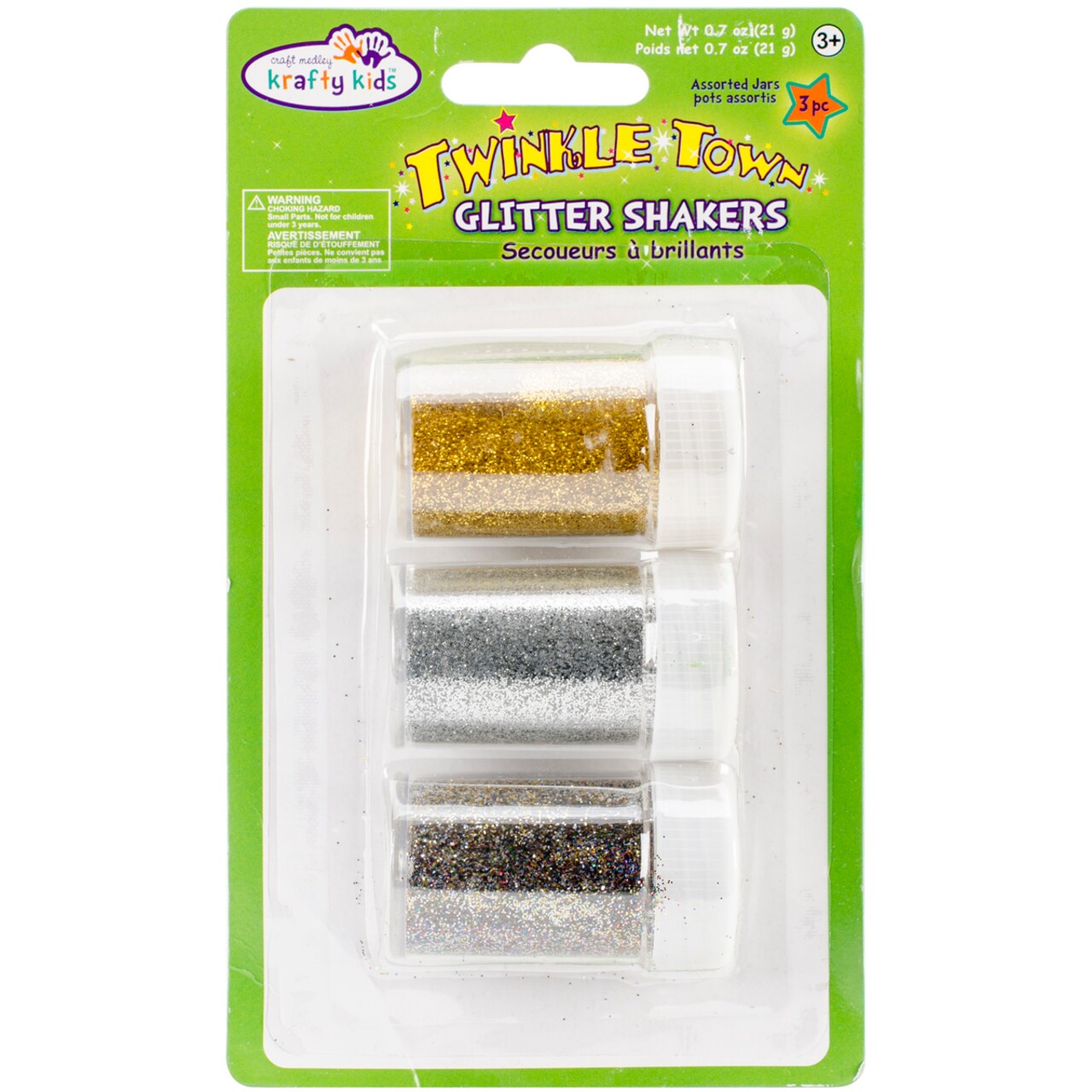 Krafty Kids Twinkle Town Glitter Shaker Jars 7g 3/Pkg-Gold, Silver & Multi